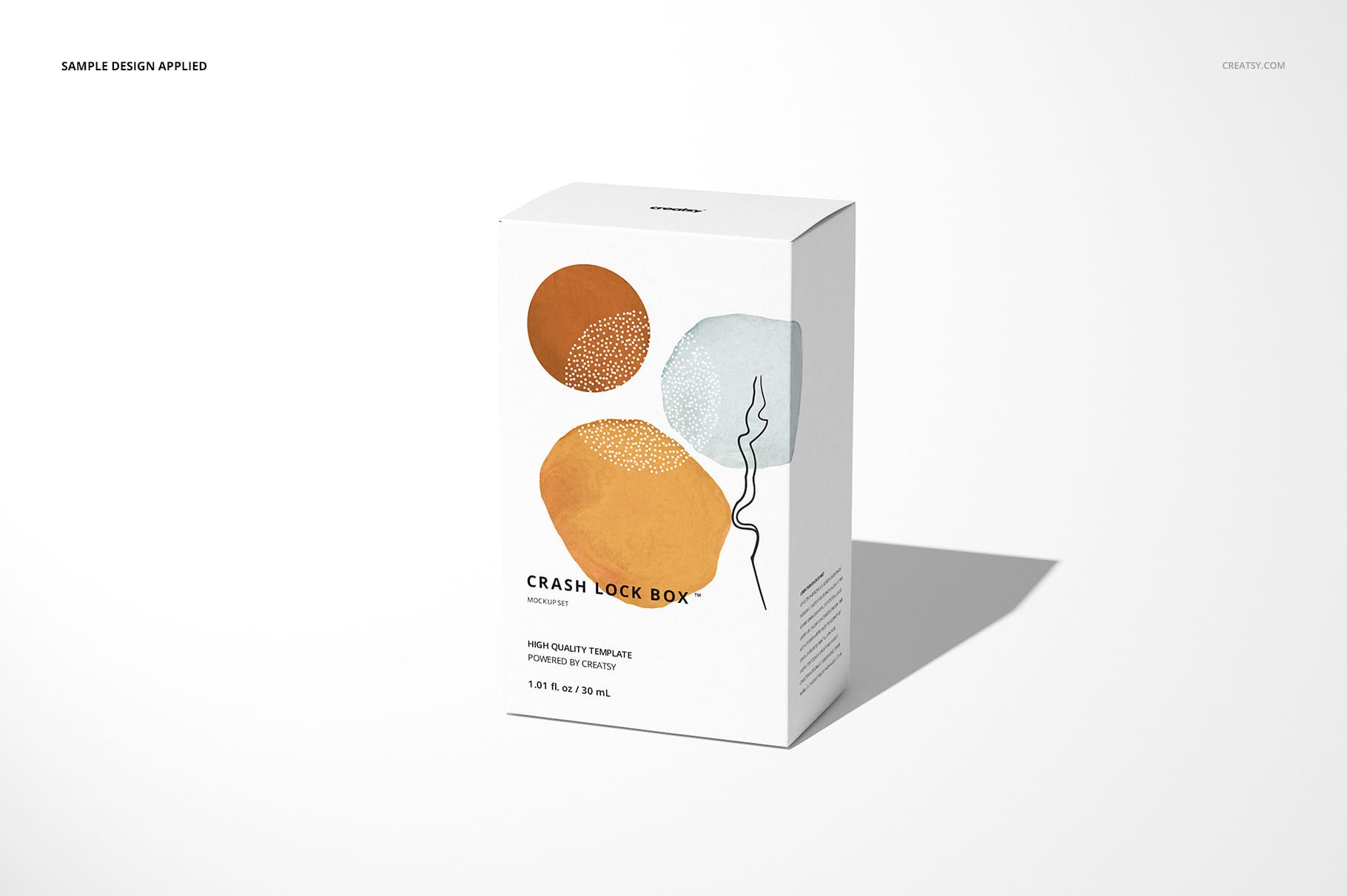 Packaging box mockup featuring a tuck top crash lock design, decorated with minimalist colored shapes and subtle line art.