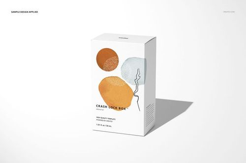 Packaging box mockup featuring a tuck top crash lock design, decorated with minimalist colored shapes and subtle line art.