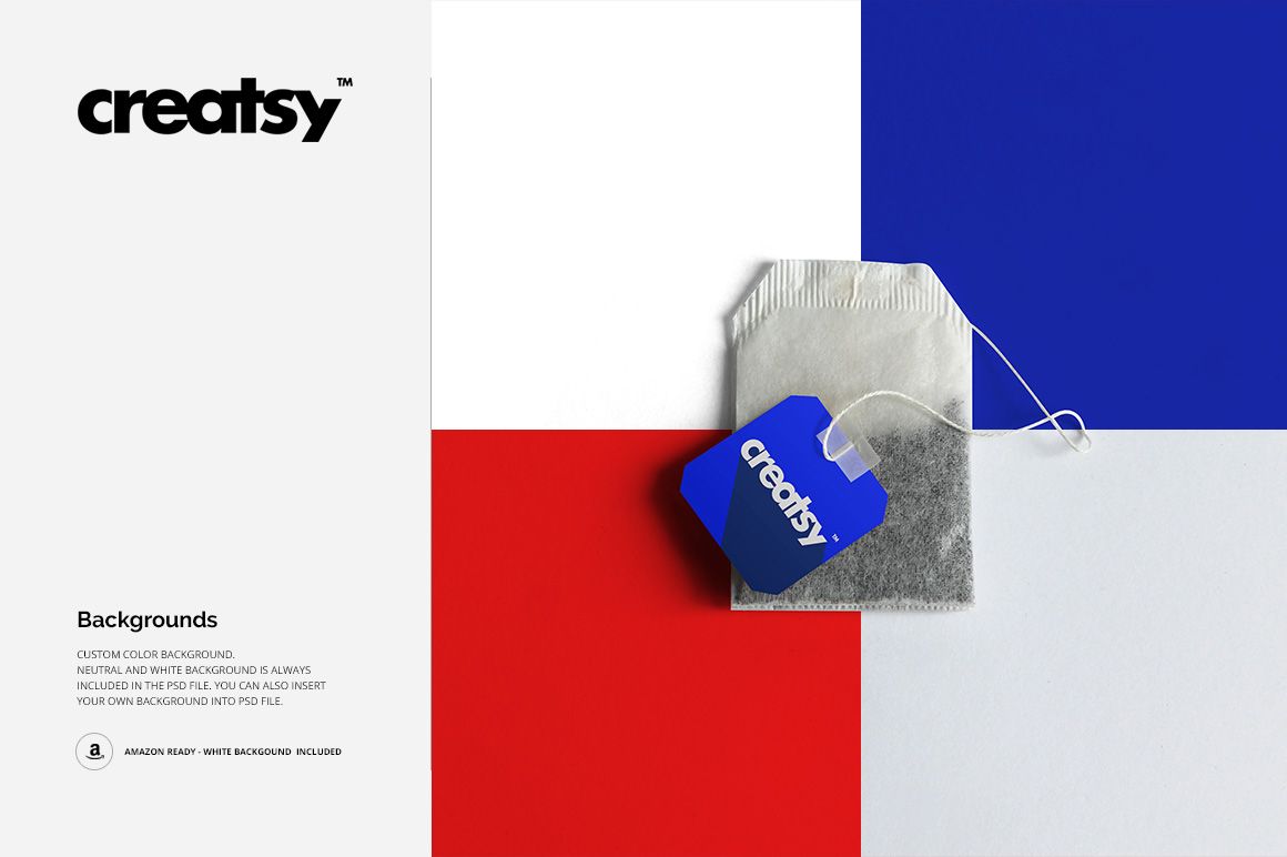 Front view of a tea box label mockup with a tea bag on a geometric background in white, red, and blue.