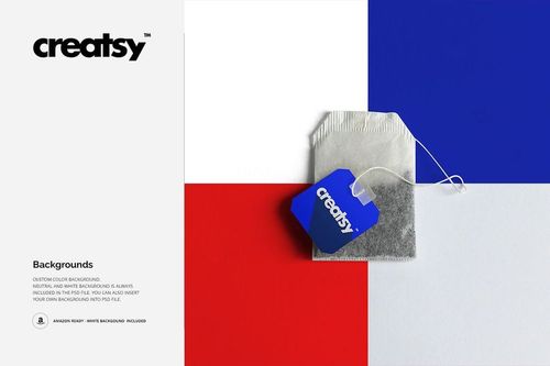 Front view of a tea box label mockup with a tea bag on a geometric background in white, red, and blue.