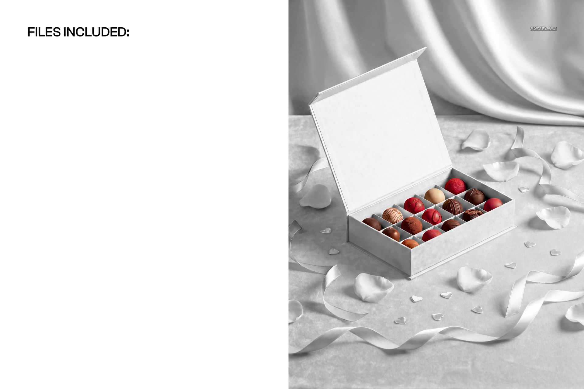 PSD mockup of a white chocolate box filled with various pralines, placed on a textured gray background with ribbon accents.
