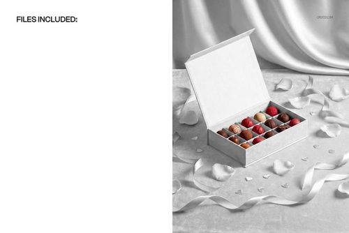 PSD mockup of a white chocolate box filled with various pralines, placed on a textured gray background with ribbon accents.
