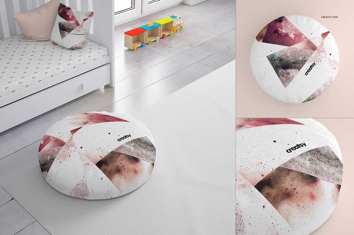 Mockup of a round cotton pillow featuring geometric shapes in muted tones, placed beside a crib and toys.