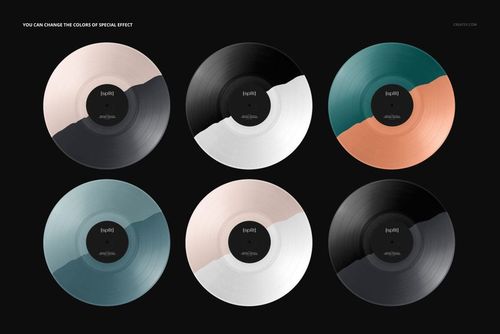 PSD mockup featuring six split-effect vinyl records in various color combinations, seen from above.