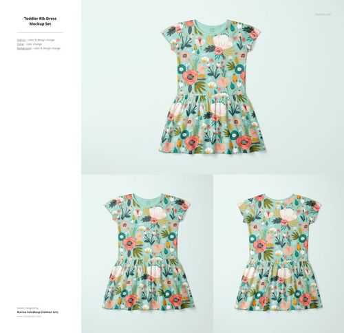 Toddler rib dress mockup featuring a short-sleeve floral pattern in pastel colors, shown from a top view on a light background.