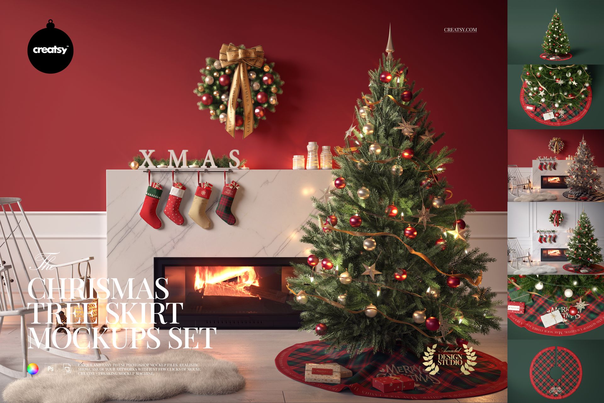Christmas tree skirt mockup beneath a festive tree, with stockings, gifts, and a wreath in a warm interior setting.