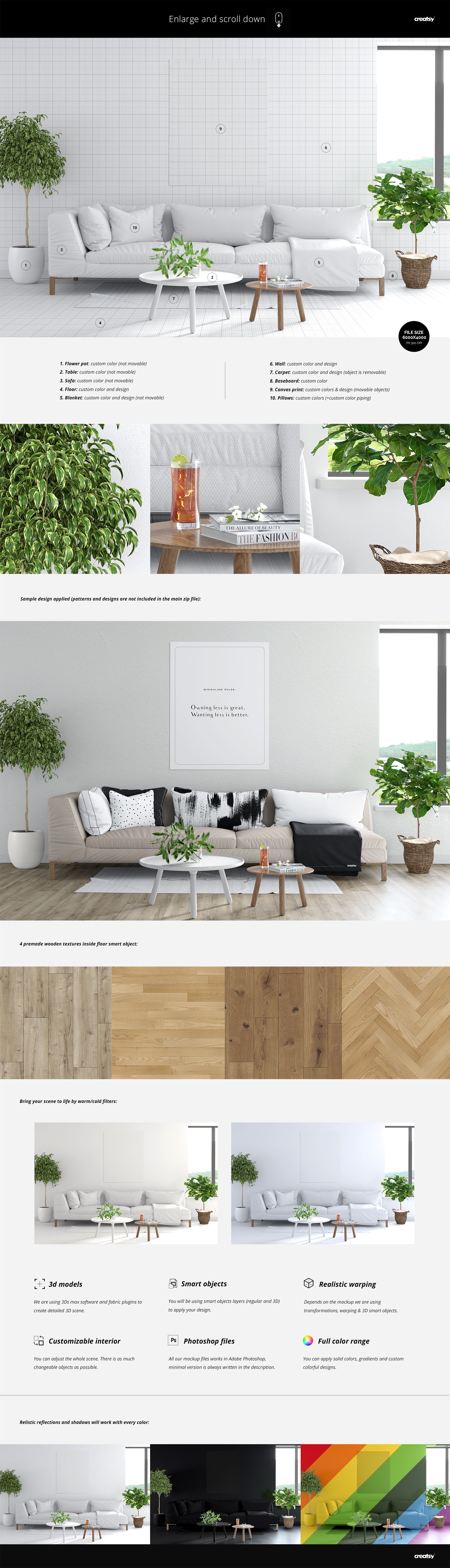 Modern living room scene with a white sofa, decorative pillows, green plants, and a coffee table, shown in a home décor textiles mockup.