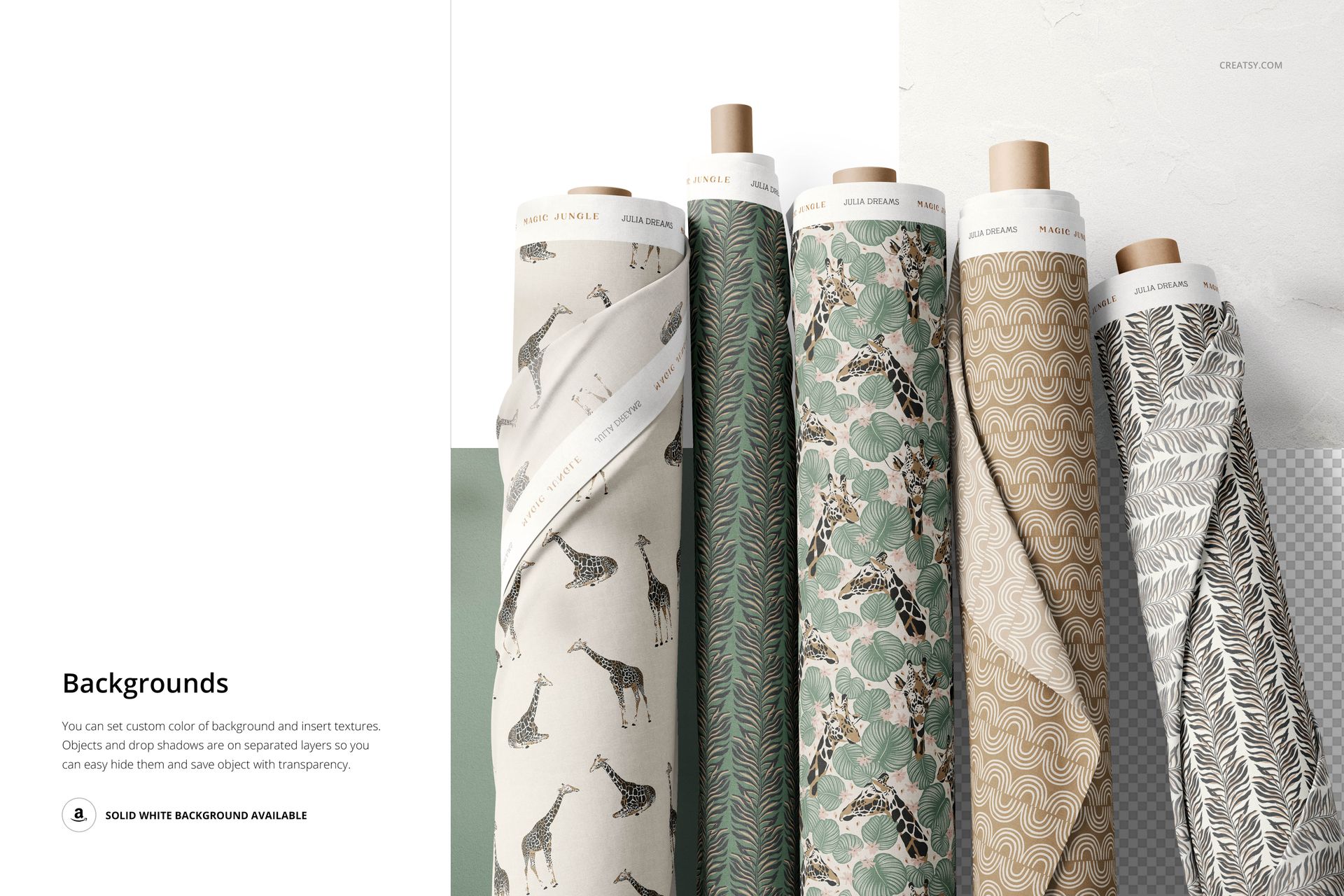 Six upright fabric rolls featuring giraffe, zebra, and leaf designs, displayed in a realistic textile mockup scene.
