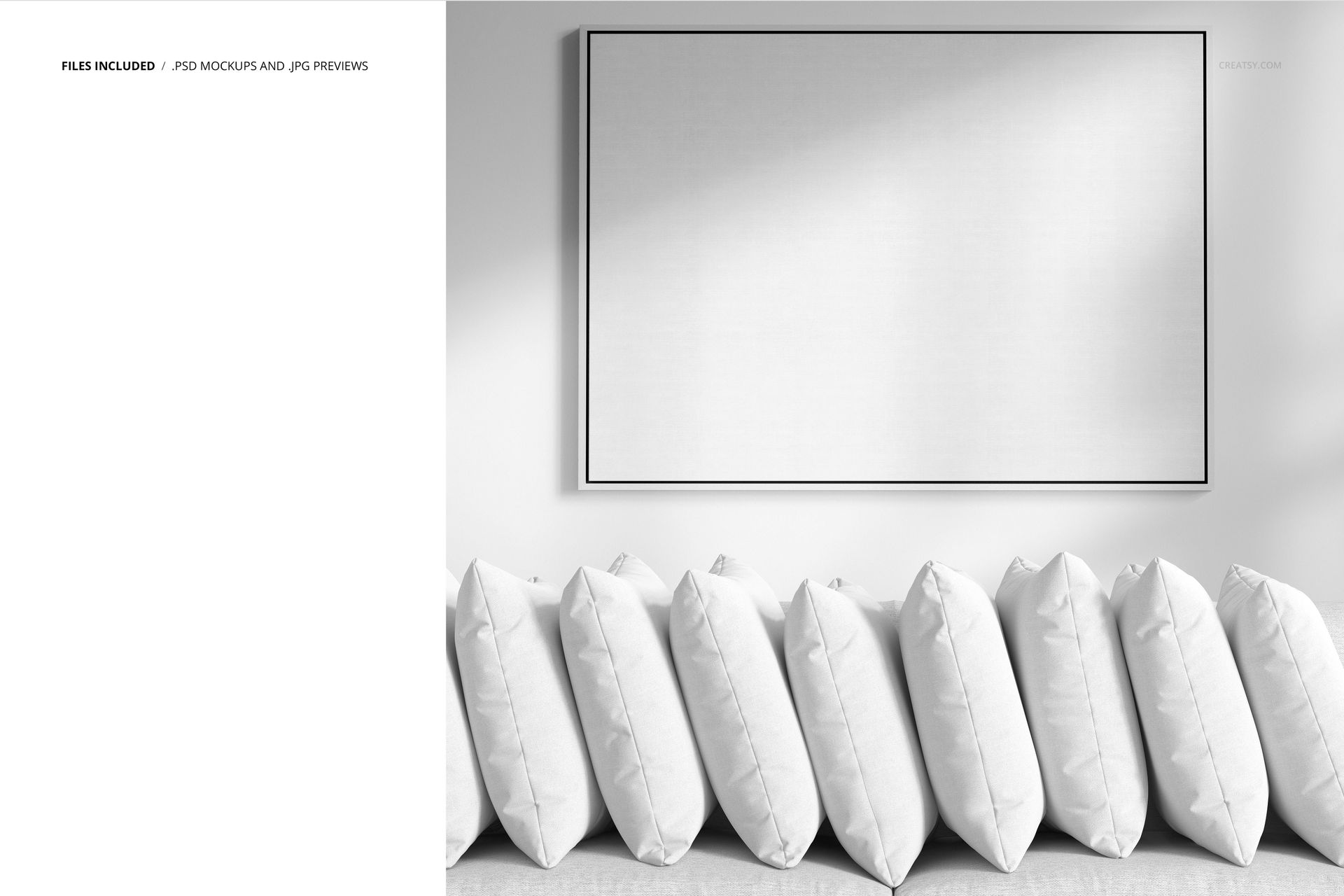 White pillows in a neat row below a rectangular blank frame, shown in a clean and simple PSD mockup scene.
