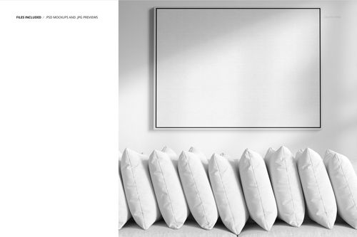 White pillows in a neat row below a rectangular blank frame, shown in a clean and simple PSD mockup scene.