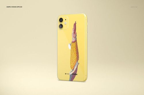 Clear iPhone 11 case mockup with a yellow background and artistic corn illustration, angled rear view on beige surface.
