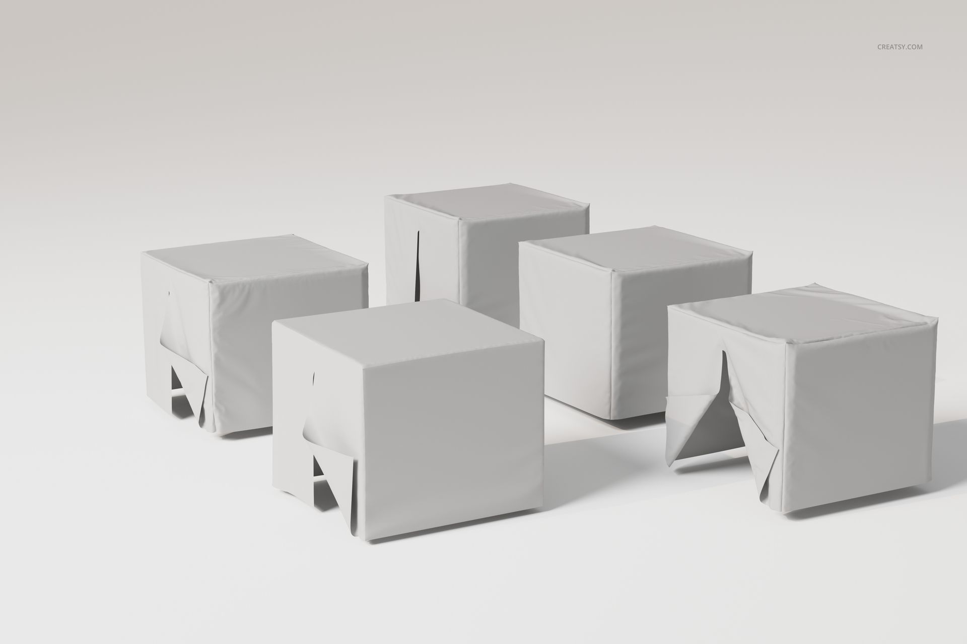 Five fabric-covered kids tent houses in cube shapes, shown from a front angle on a plain light background.