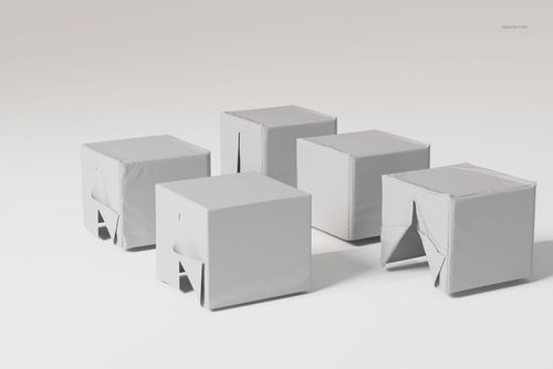 Five fabric-covered kids tent houses in cube shapes, shown from a front angle on a plain light background.