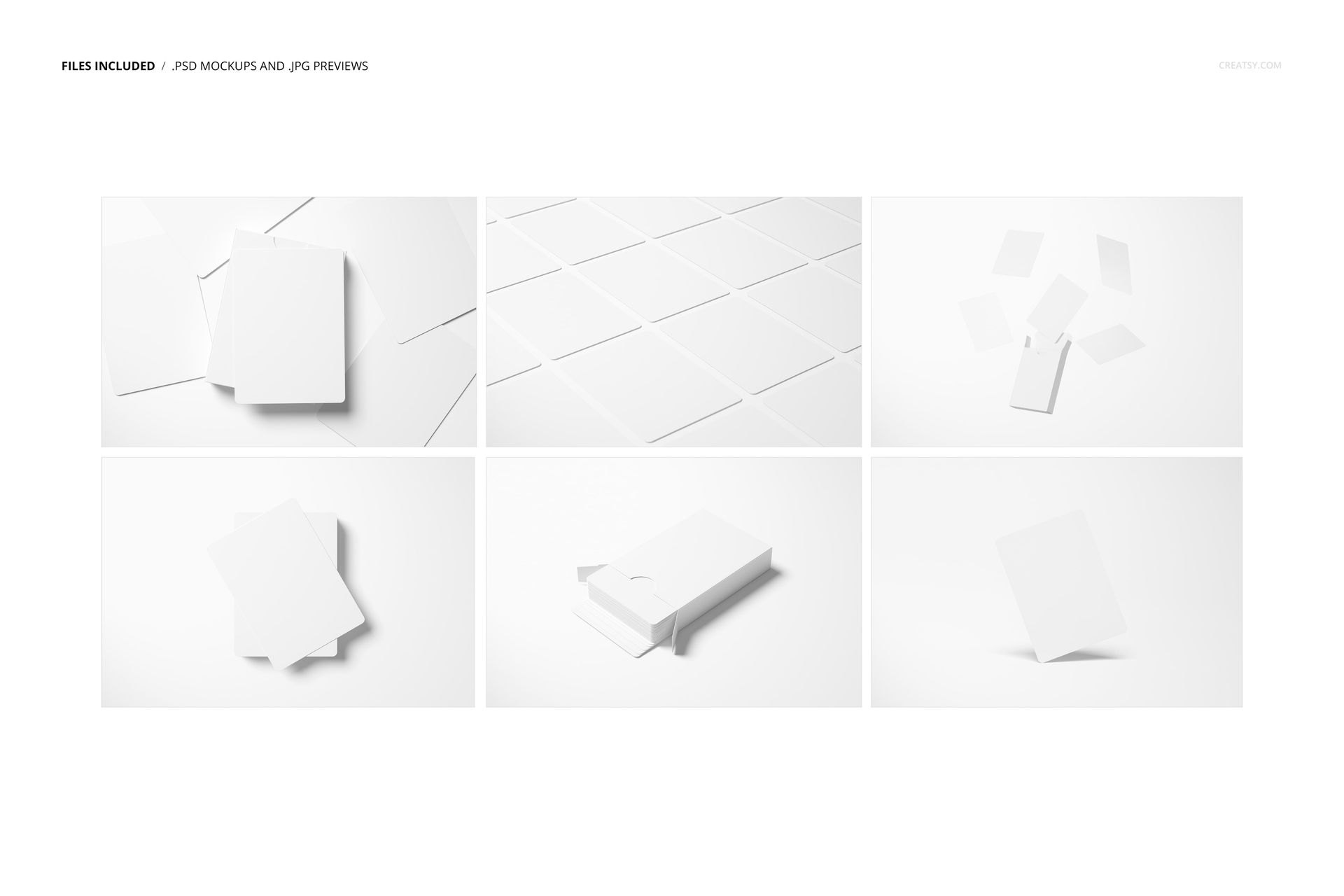 Set of playing card mockups displayed in various arrangements, including stacks, scattered cards, and a card box on a white background.