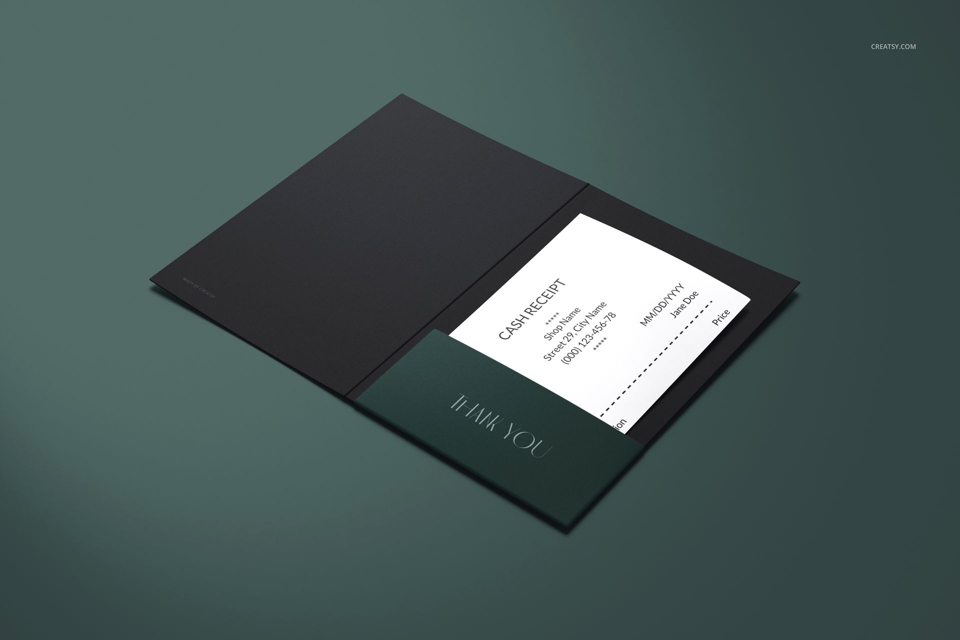 Receipt holder mockup featuring a dark folder with an inserted white cash receipt, shown from a top angle on a green surface.