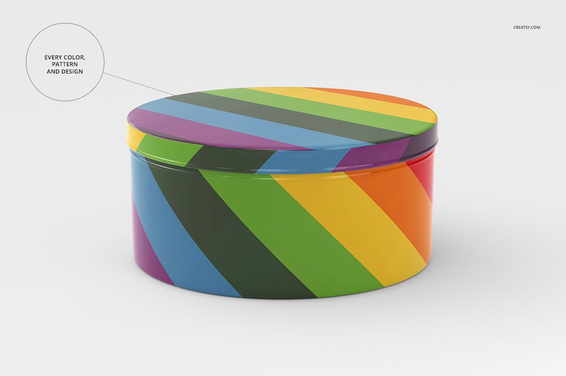 Colorful round metal box mockup featuring diagonal rainbow stripes, displayed on a neutral white surface.