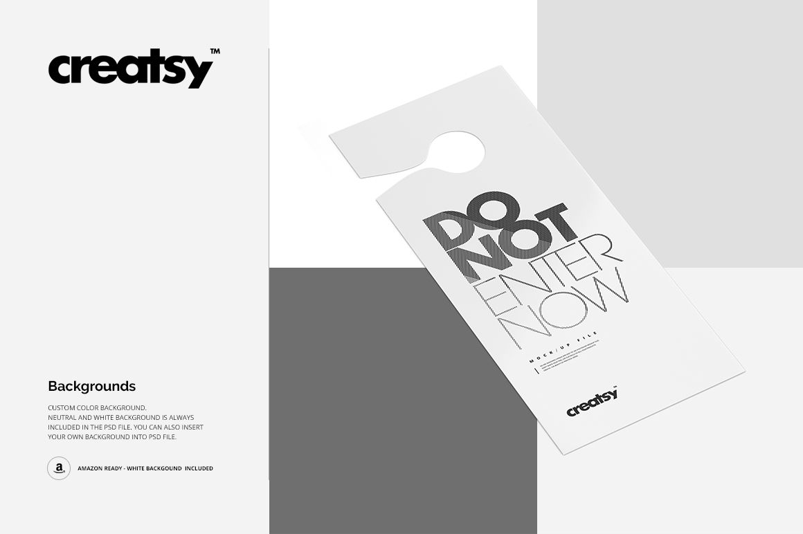 White door hanger mockup displayed at an angle, featuring large black lettering and a minimalist gray background.