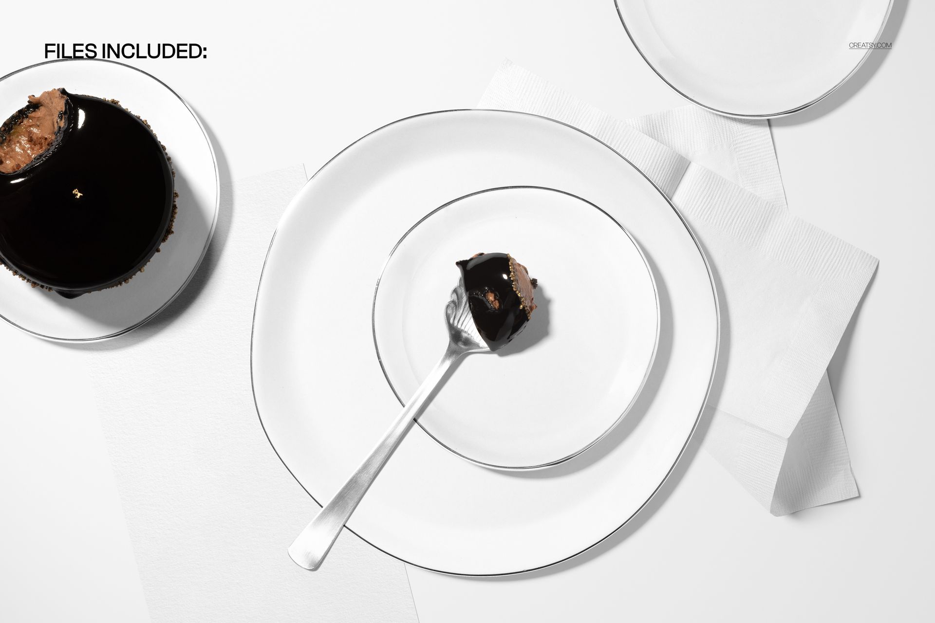 PSD mockup showing a restaurant dinnerware set with white plates, napkin, menu, fork, and chocolate dessert.
