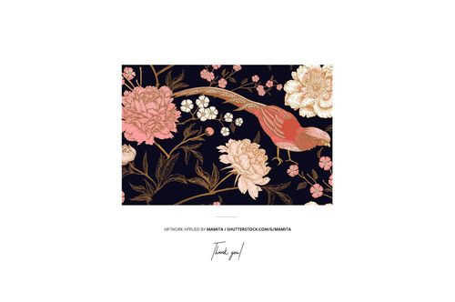 Rectangular fabric mockup featuring a floral and bird pattern in pink, gold, and cream on a dark background.