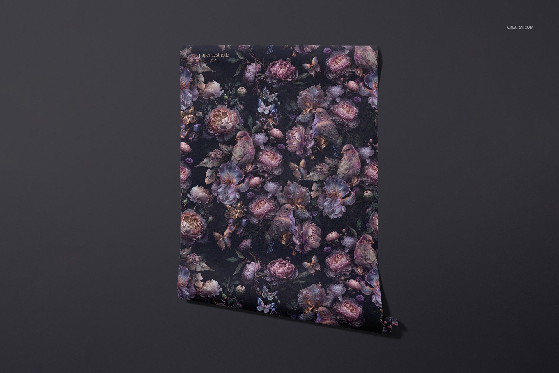 Dark floral non-woven vinyl wallpaper mockup displayed upright, featuring purple and pink flowers on a black backdrop.