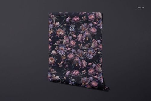 Dark floral non-woven vinyl wallpaper mockup displayed upright, featuring purple and pink flowers on a black backdrop.
