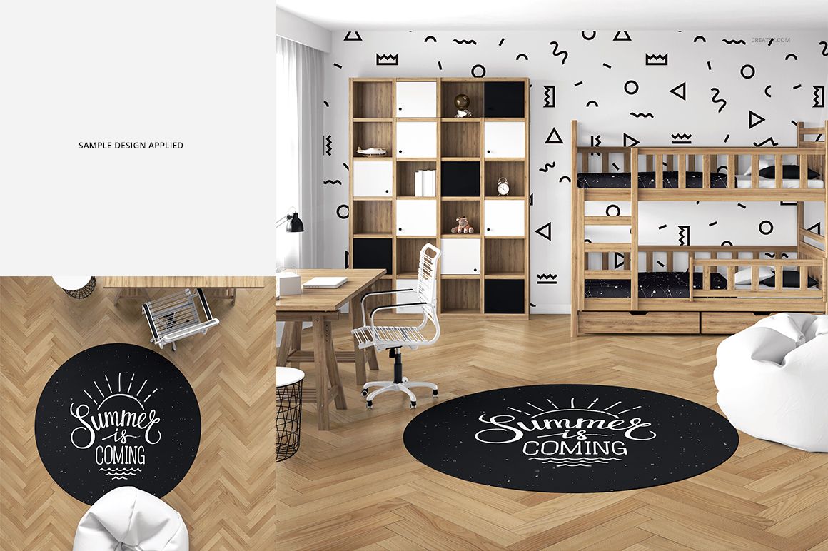 Kids room scene featuring a circular carpet mockup with white lettering, wooden shelving, and geometric wall patterns.