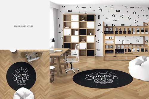 Kids room scene featuring a circular carpet mockup with white lettering, wooden shelving, and geometric wall patterns.