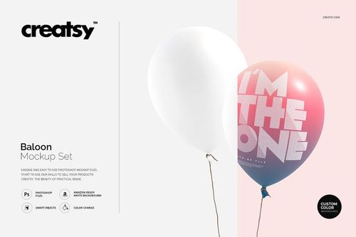 PSD mockup of two balloons, featuring a white balloon and a pink balloon with large white lettering, side by side.
