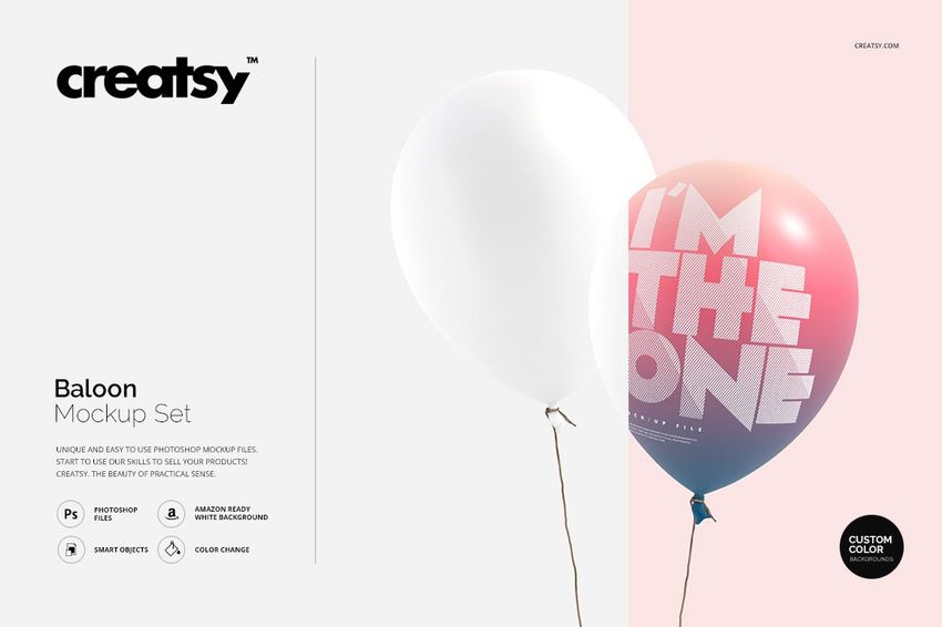 PSD mockup of two balloons, featuring a white balloon and a pink balloon with large white lettering, side by side.
