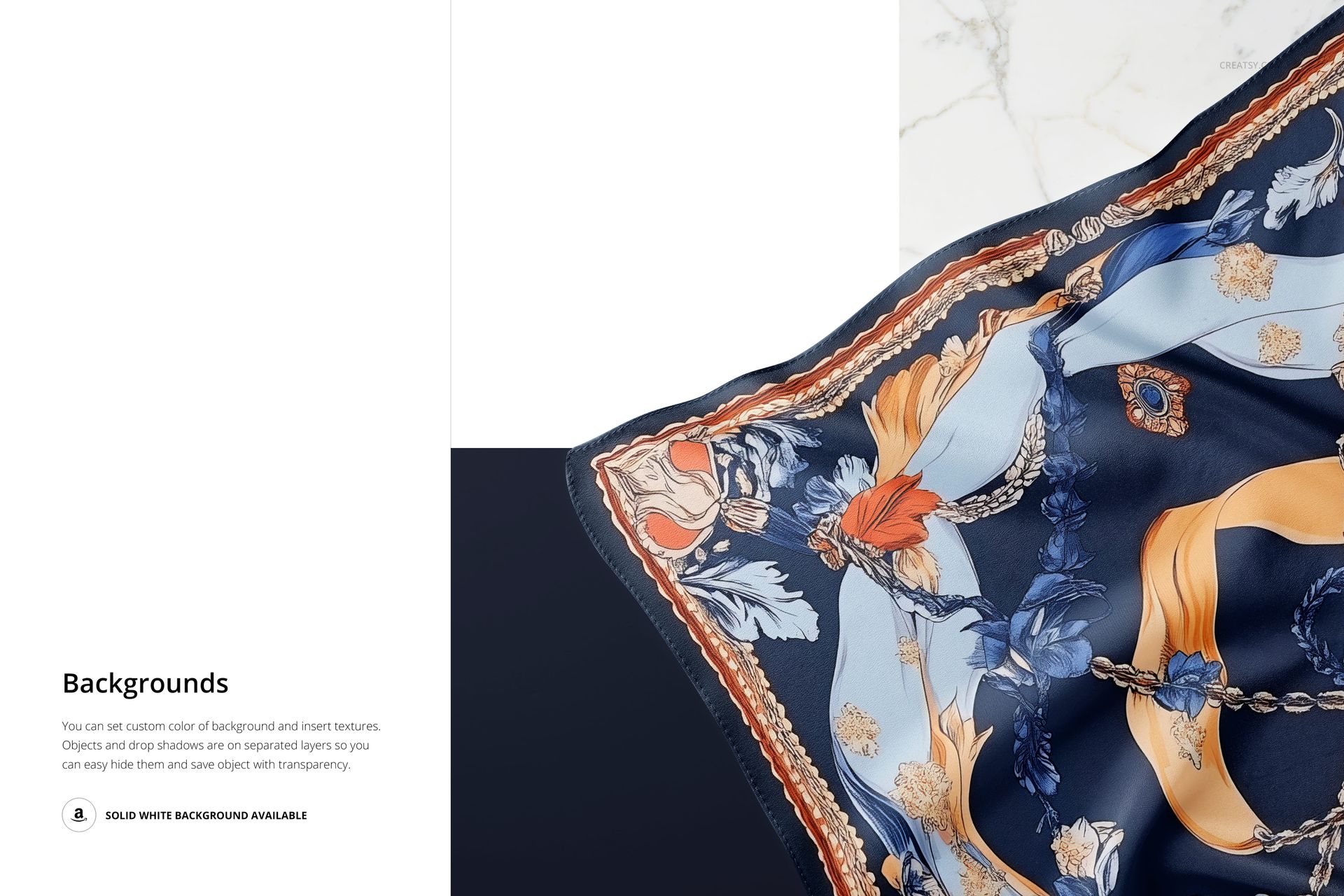 Detailed square silk scarf mockup featuring intricate chain and ribbon designs in blue and gold, displayed on a flat surface.