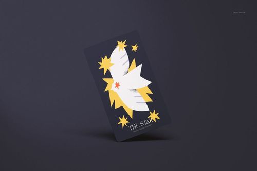 Tarot card mockup featuring a single card with abstract star and moon design on a dark background, front view.