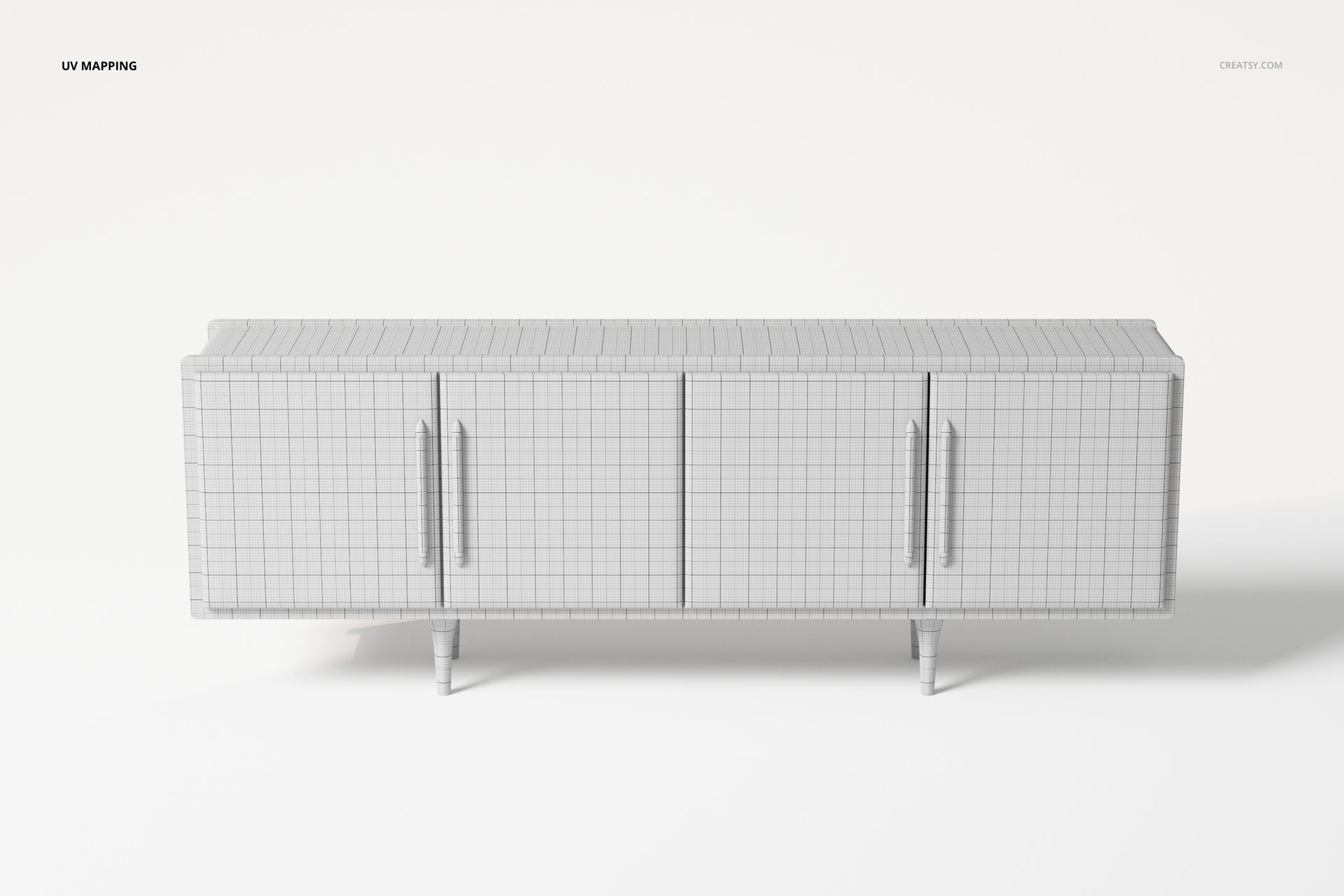 Front view of a modern sideboard 3D model with four doors, grid pattern texture, and minimalist legs on a white background.