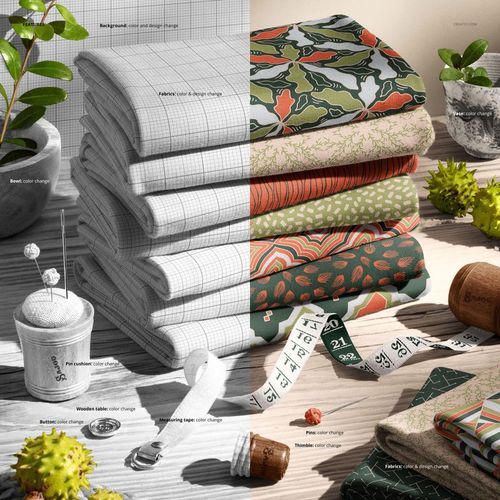 Jersey fabric pile mockup featuring multiple folded textiles in assorted prints on a wood surface, side view.