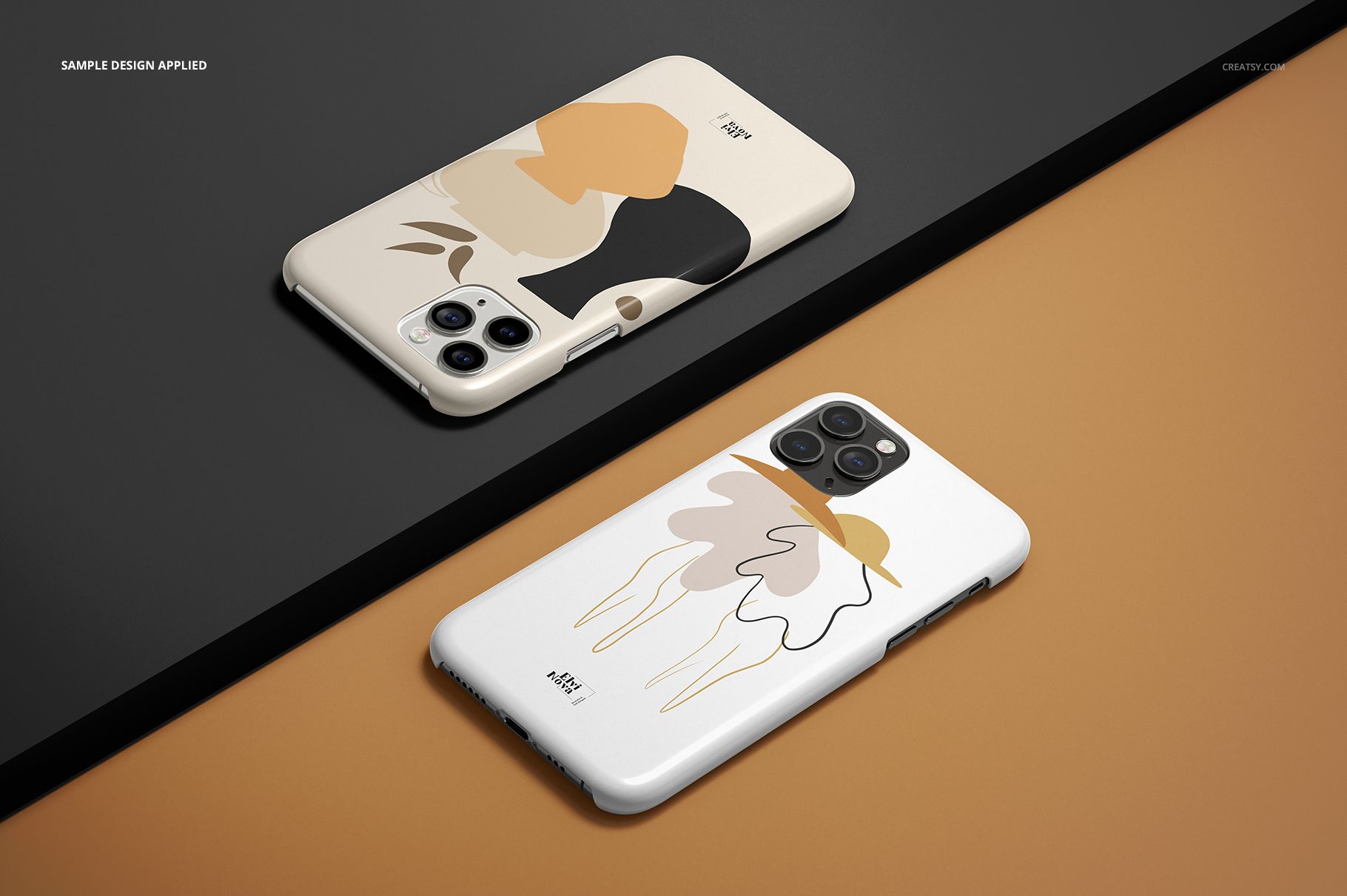 iPhone 11 Pro glossy case mockup featuring abstract artwork, shown from a top perspective on black and tan backgrounds.