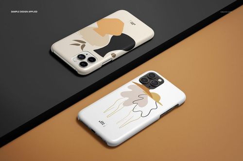 iPhone 11 Pro glossy case mockup featuring abstract artwork, shown from a top perspective on black and tan backgrounds.