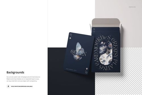 Top view of playing cards and an open card box mockup with dark blue design, butterfly illustration, and geometric background.