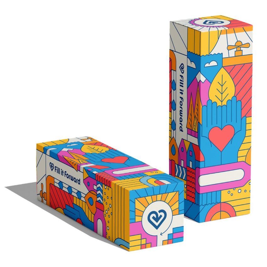 Tall box mockup featuring two rectangular boxes with colorful, abstract illustrations and bold geometric shapes on a white background.