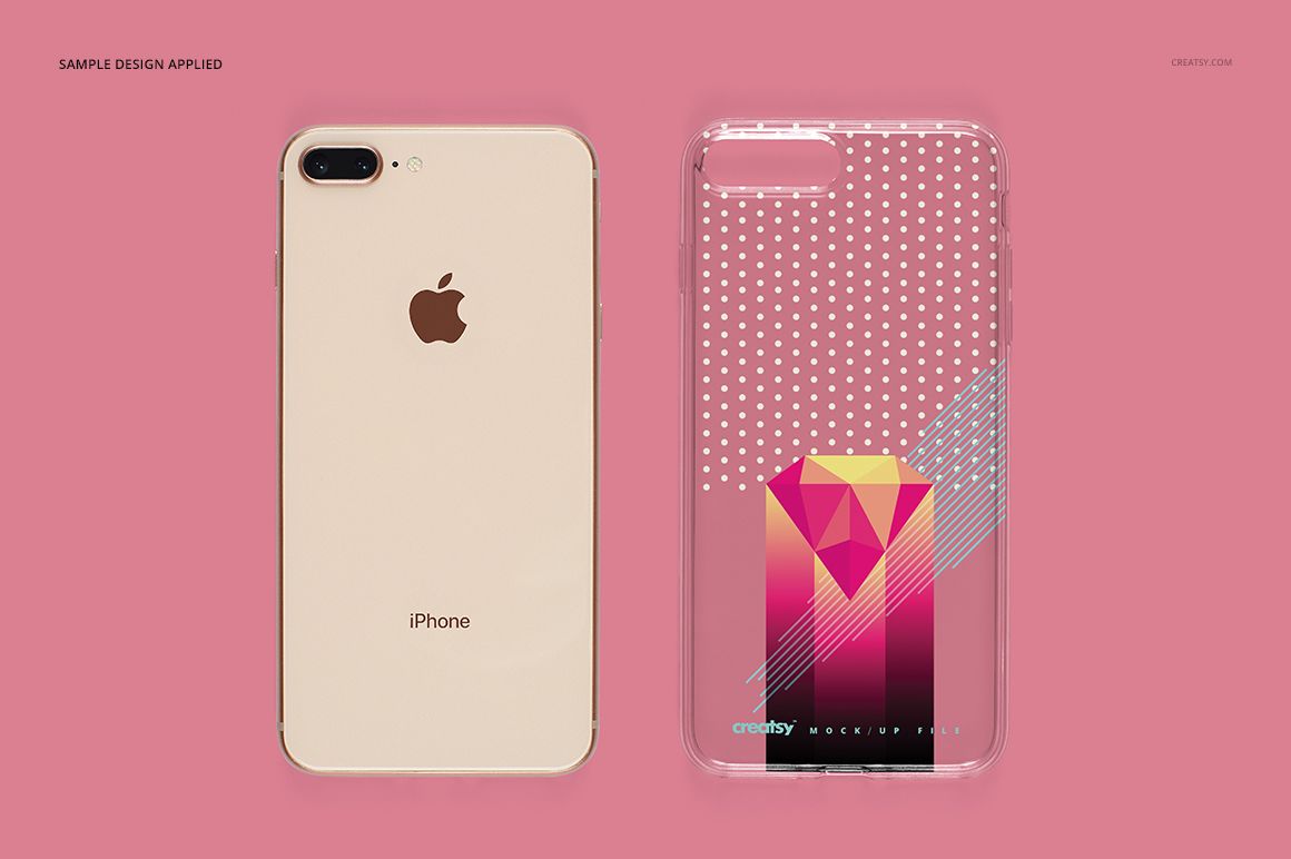 iPhone 8 Plus clear case mockup with abstract geometric artwork, displayed next to a gold iPhone on a pink surface.