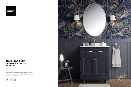 Bathroom scene featuring a navy cabinet, gold fixtures, and a vibrant botanical wallpaper in a PSD mockup setting.