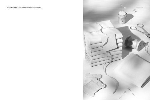 Jersey fabric stack tied with string and a paper tag, displayed alongside scissors and sewing props in a mockup scene.