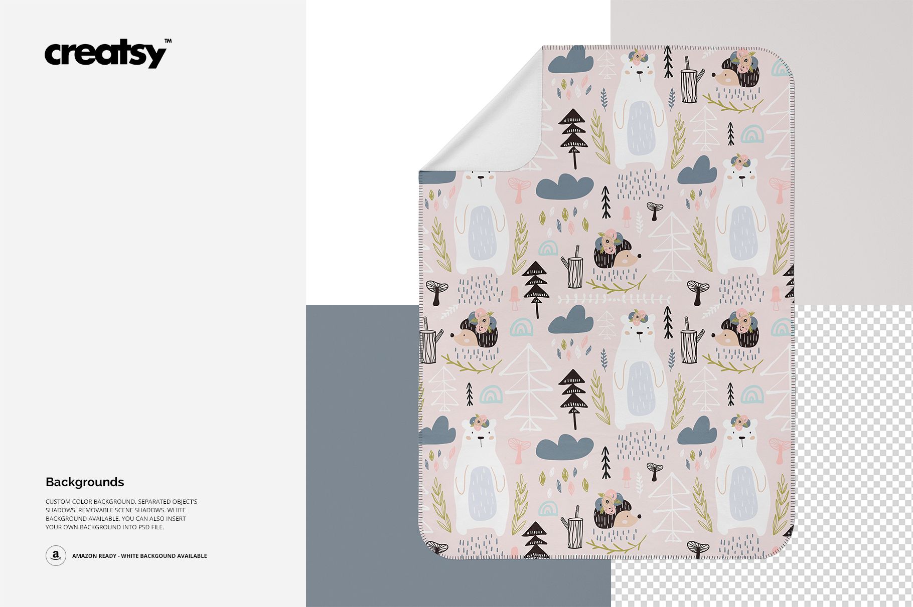 Kids blanket mockup featuring whimsical bear, cloud, and tree pattern, displayed flat with a folded corner.