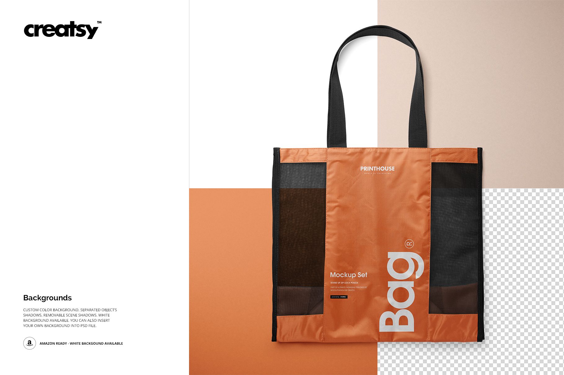 PSD mockup of a mesh shopping tote bag with orange and black sections, shown against a multi-tone geometric backdrop.