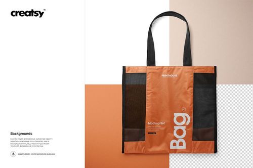 PSD mockup of a mesh shopping tote bag with orange and black sections, shown against a multi-tone geometric backdrop.