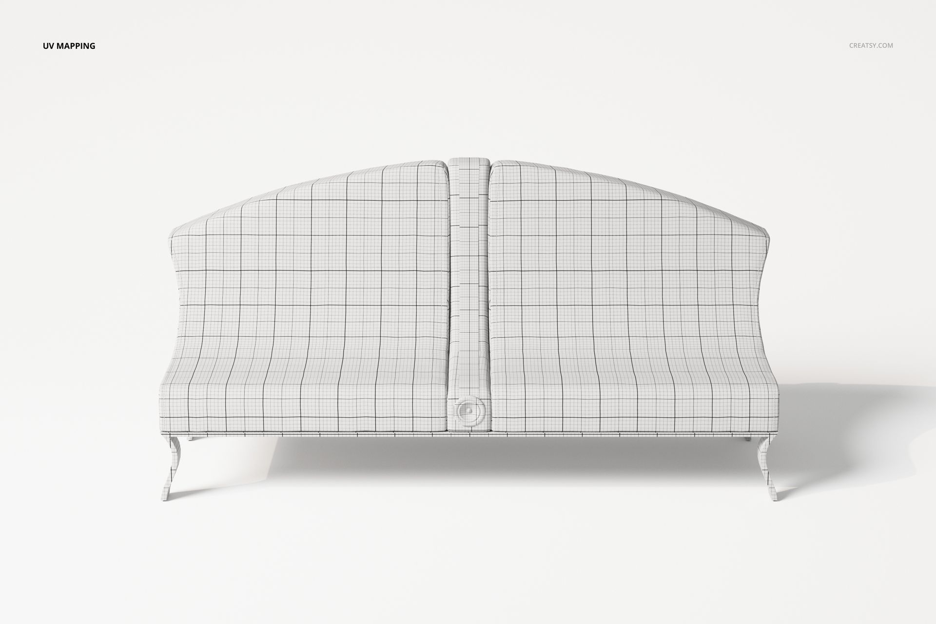 Front view of an Art Nouveau sofa 3D model with grid UV mapping, displayed on a plain white background.
