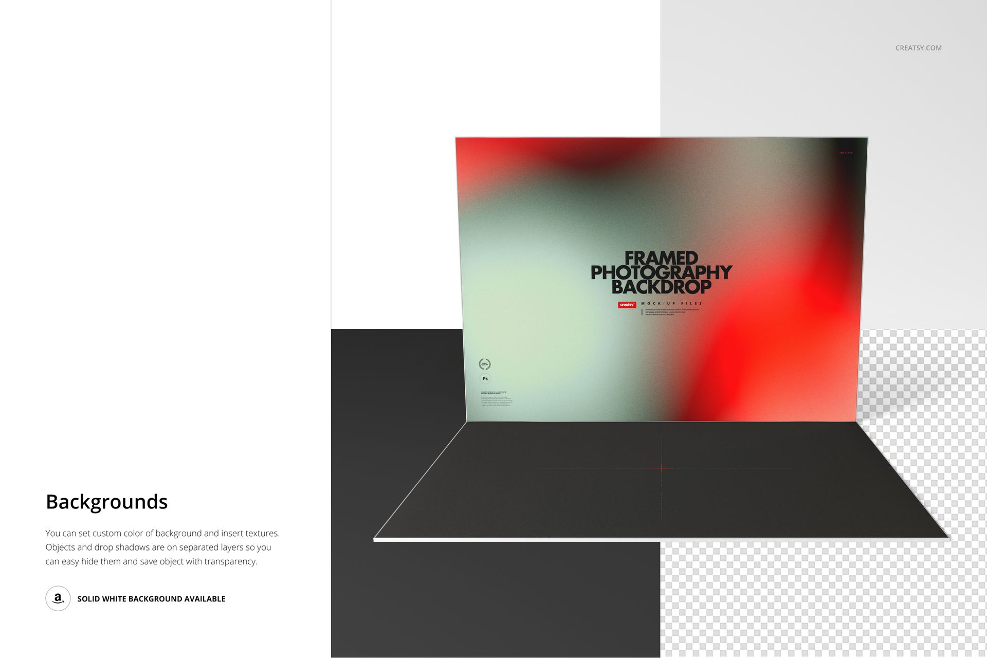 Framed photography backdrop mockup with a large rectangular frame displaying a blurred red and white gradient design, front view.