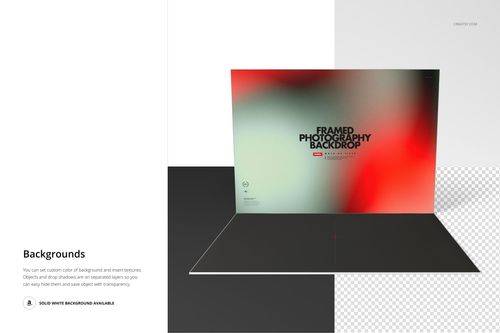 Framed photography backdrop mockup with a large rectangular frame displaying a blurred red and white gradient design, front view.