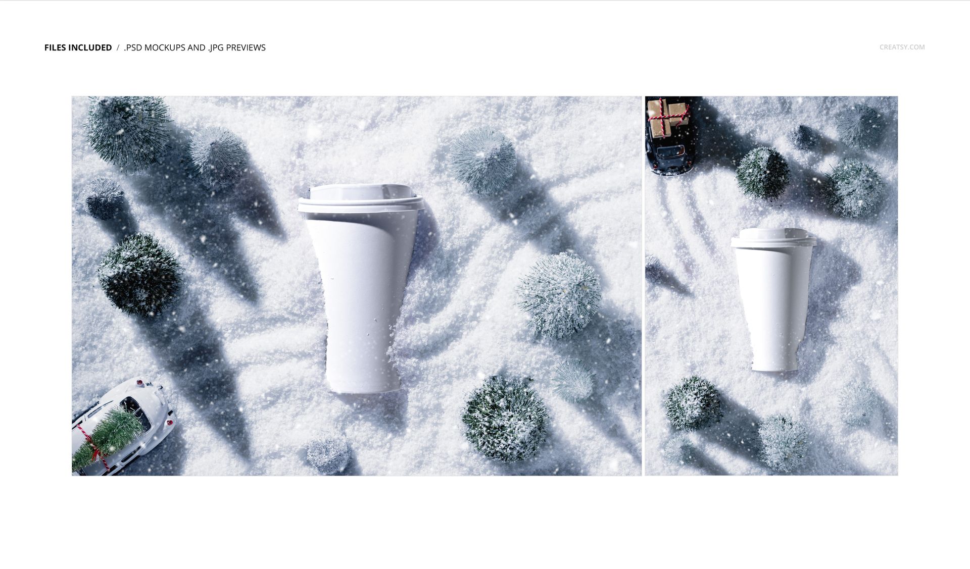 Winter-themed PSD mockup featuring a paper coffee cup in snow with small trees and cars, viewed from above.