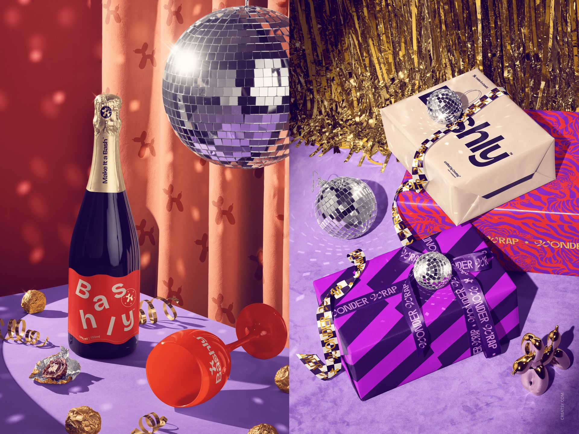 Party-themed mockup scene with a champagne bottle, disco ball, orange cup, and gold-wrapped candies on a festive table.