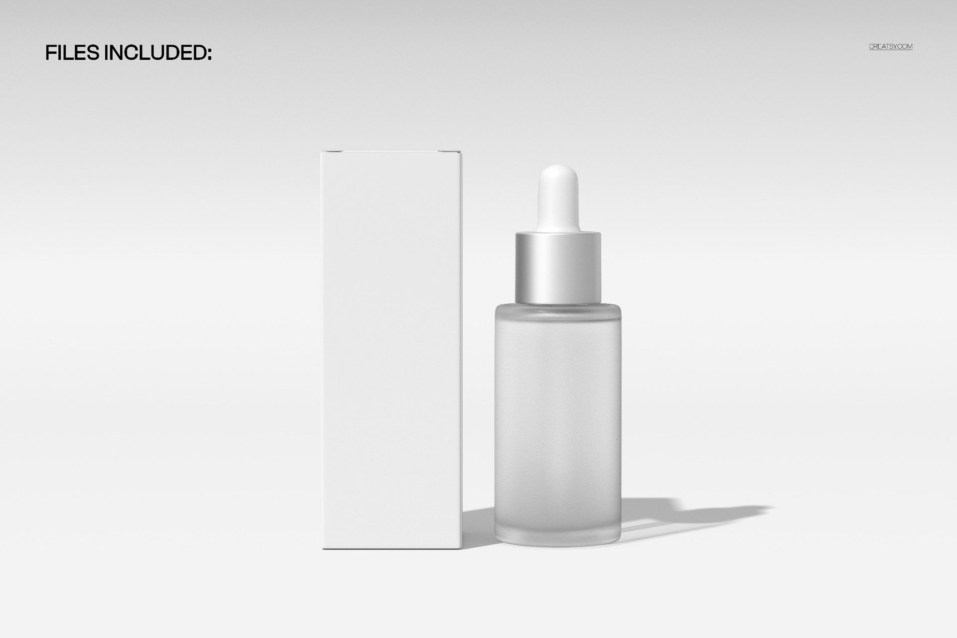 Front view of a standing dropper bottle and a plain carton box on a light background, cosmetics mockup scene.