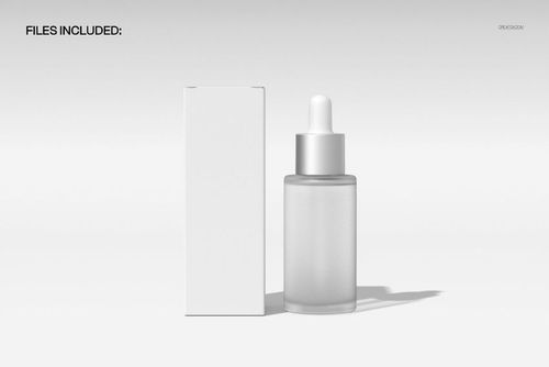 Front view of a standing dropper bottle and a plain carton box on a light background, cosmetics mockup scene.